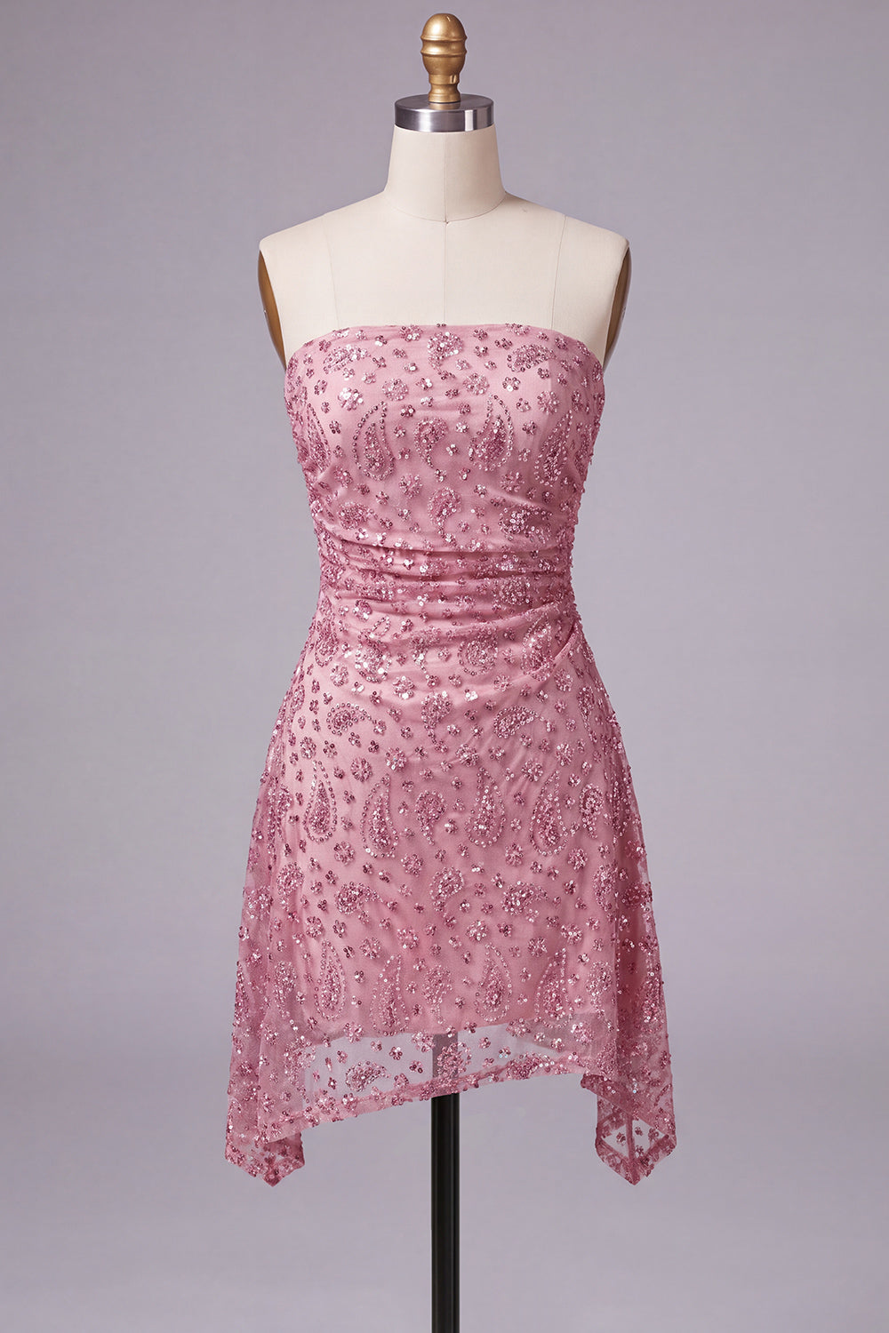 Dusty Rose Beaded Strapless Ruched Short Homecoming Dress