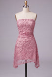 Dusty Rose Beaded Strapless Ruched Short Homecoming Dress