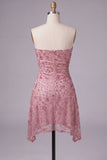 Dusty Rose Beaded Strapless Ruched Short Homecoming Dress