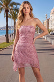 Dusty Rose Beaded Strapless Ruched Short Homecoming Dress