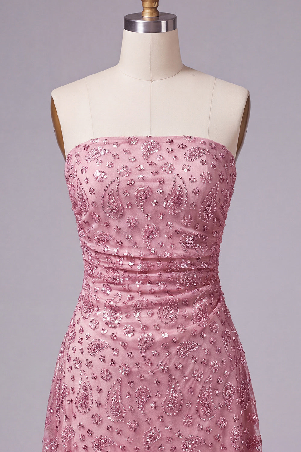 Dusty Rose Beaded Strapless Ruched Short Homecoming Dress