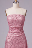 Dusty Rose Beaded Strapless Ruched Short Homecoming Dress
