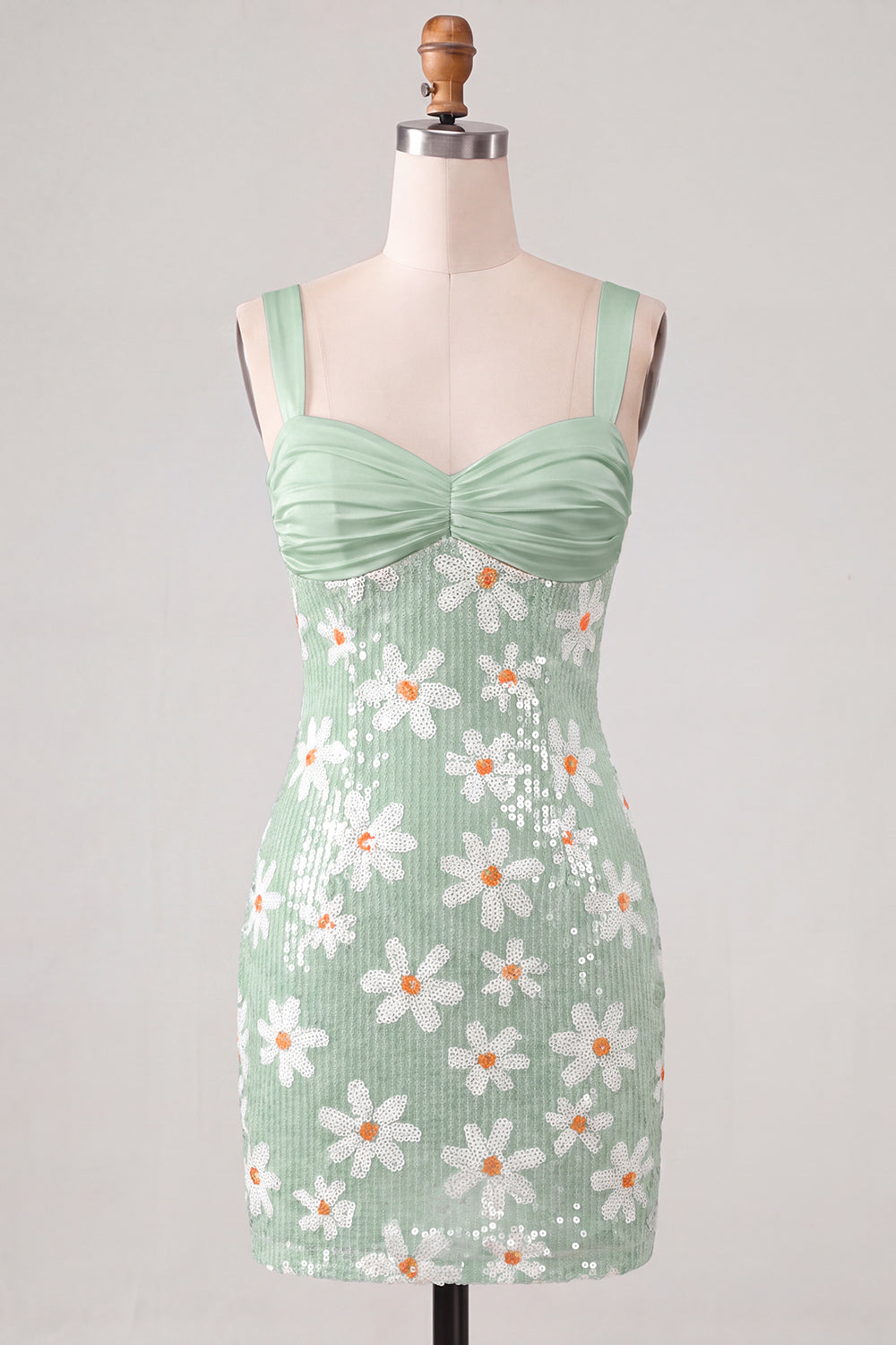 Sparkly Green Tight Ruched Sequins Short Floral Homecoming Dress