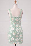 Sparkly Green Tight Ruched Sequins Short Floral Homecoming Dress