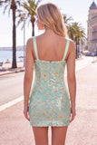 Sparkly Green Tight Ruched Sequins Short Floral Homecoming Dress