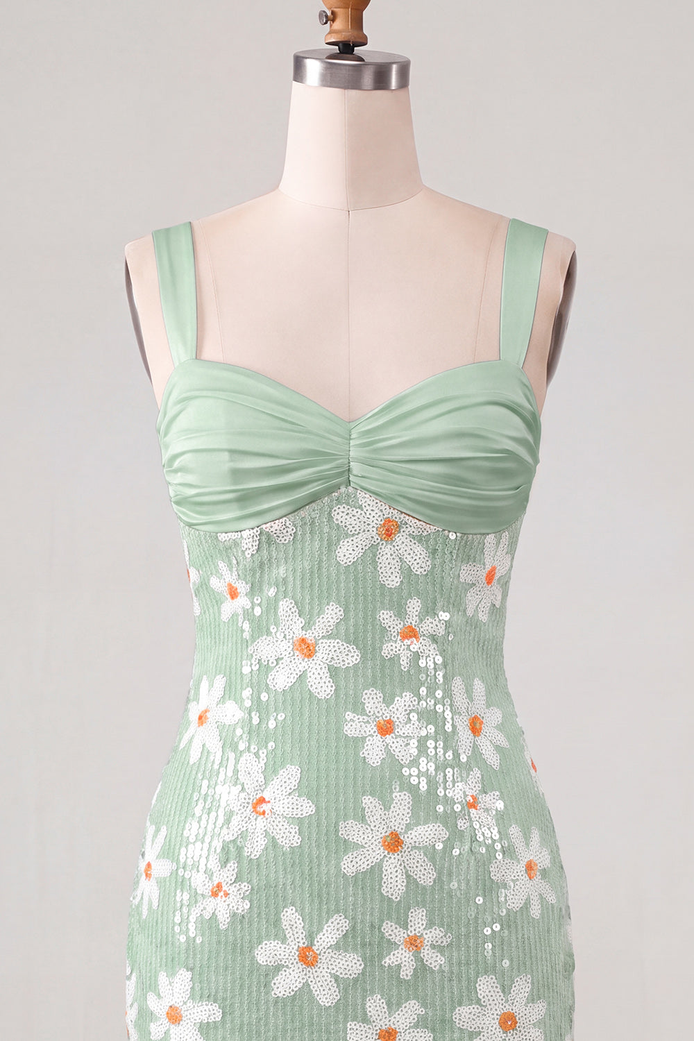 Sparkly Green Tight Ruched Sequins Short Floral Homecoming Dress