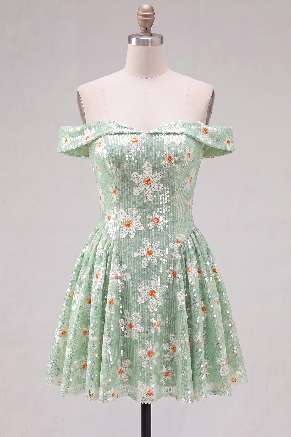 Sparkly Green A-Line Off the Shoulder Floral Short Homecoming Dress