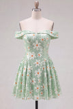 Sparkly Green A-Line Off the Shoulder Floral Short Homecoming Dress