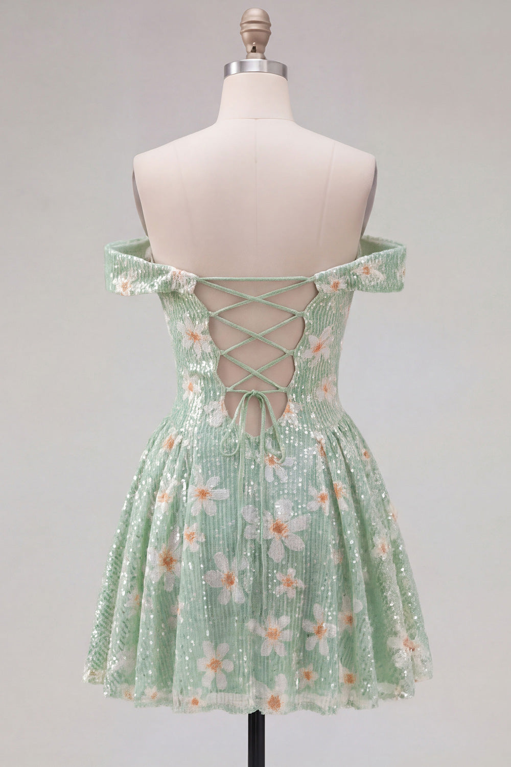 Sparkly Green A-Line Off the Shoulder Floral Short Homecoming Dress