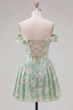 Sparkly Green A-Line Off the Shoulder Floral Short Homecoming Dress