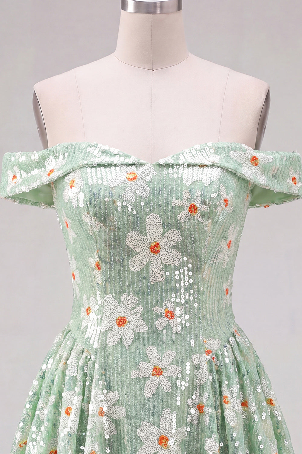 Sparkly Green A-Line Off the Shoulder Floral Short Homecoming Dress