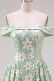 Sparkly Green A-Line Off the Shoulder Floral Short Homecoming Dress