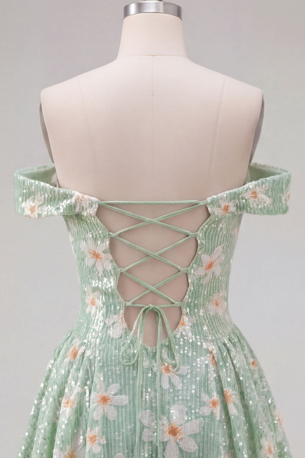 Sparkly Green A-Line Off the Shoulder Floral Short Homecoming Dress