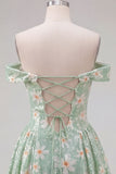 Sparkly Green A-Line Off the Shoulder Floral Short Homecoming Dress