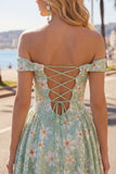 Sparkly Green A-Line Off the Shoulder Floral Short Homecoming Dress