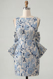 Floral Pink Green Tight Boat Neck Short Homecoming Dress with Bow