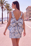 Floral Pink Green Tight Boat Neck Short Homecoming Dress with Bow