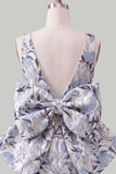 Floral Pink Green Tight Boat Neck Short Homecoming Dress with Bow