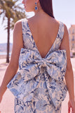 Floral Pink Green Tight Boat Neck Short Homecoming Dress with Bow