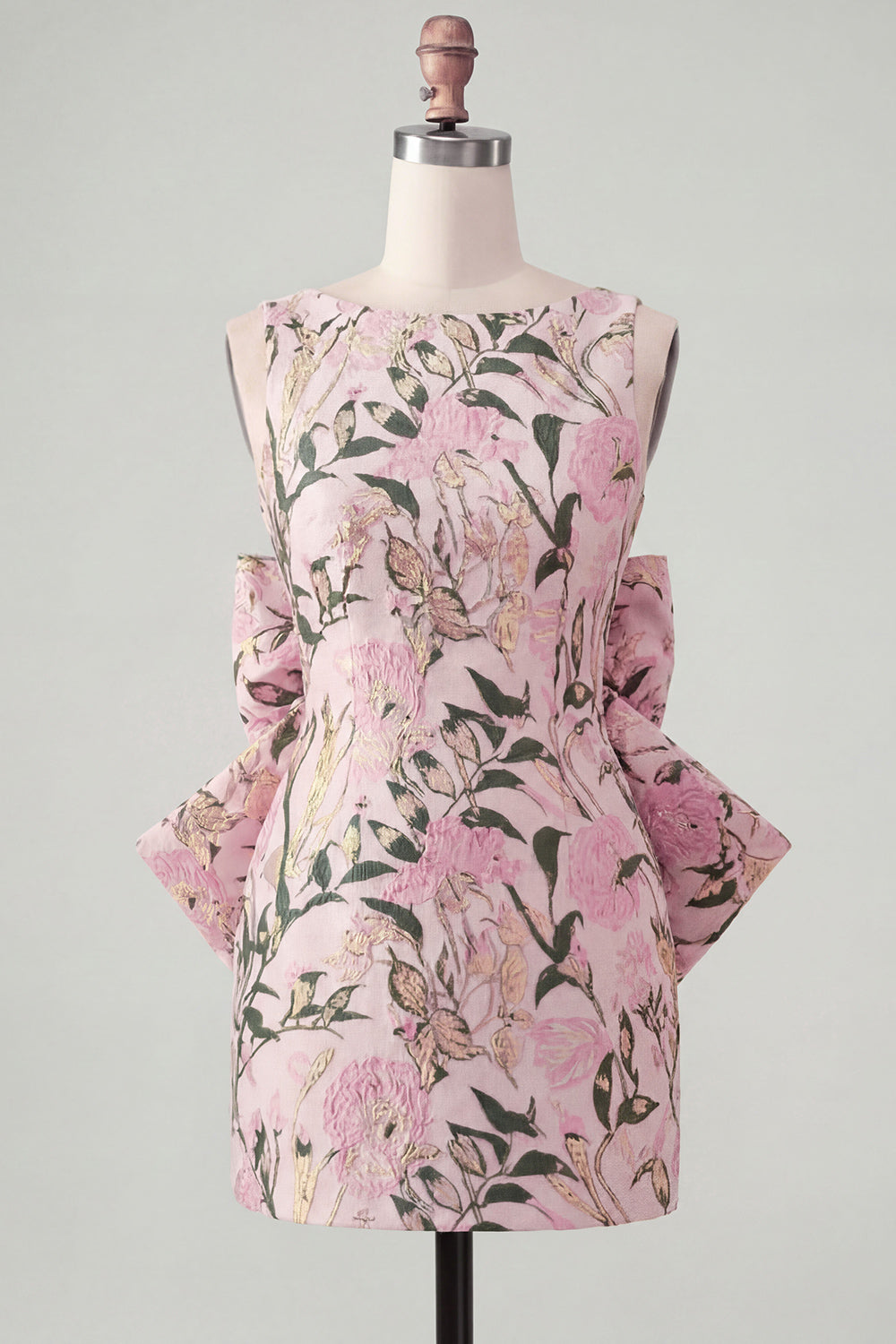 Floral Pink Green Tight Boat Neck Short Homecoming Dress with Bow