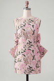 Floral Pink Green Tight Boat Neck Short Homecoming Dress with Bow