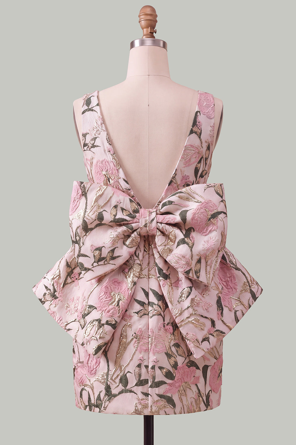 Floral Pink Green Tight Boat Neck Short Homecoming Dress with Bow