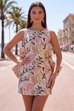 Floral Pink Green Tight Boat Neck Short Homecoming Dress with Bow