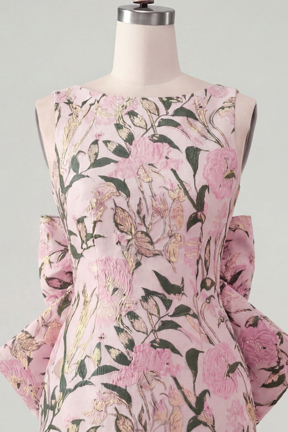 Floral Pink Green Tight Boat Neck Short Homecoming Dress with Bow
