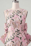 Floral Pink Green Tight Boat Neck Short Homecoming Dress with Bow