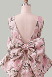 Floral Pink Green Tight Boat Neck Short Homecoming Dress with Bow