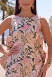 Floral Pink Green Tight Boat Neck Short Homecoming Dress with Bow