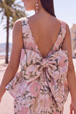 Floral Pink Green Tight Boat Neck Short Homecoming Dress with Bow