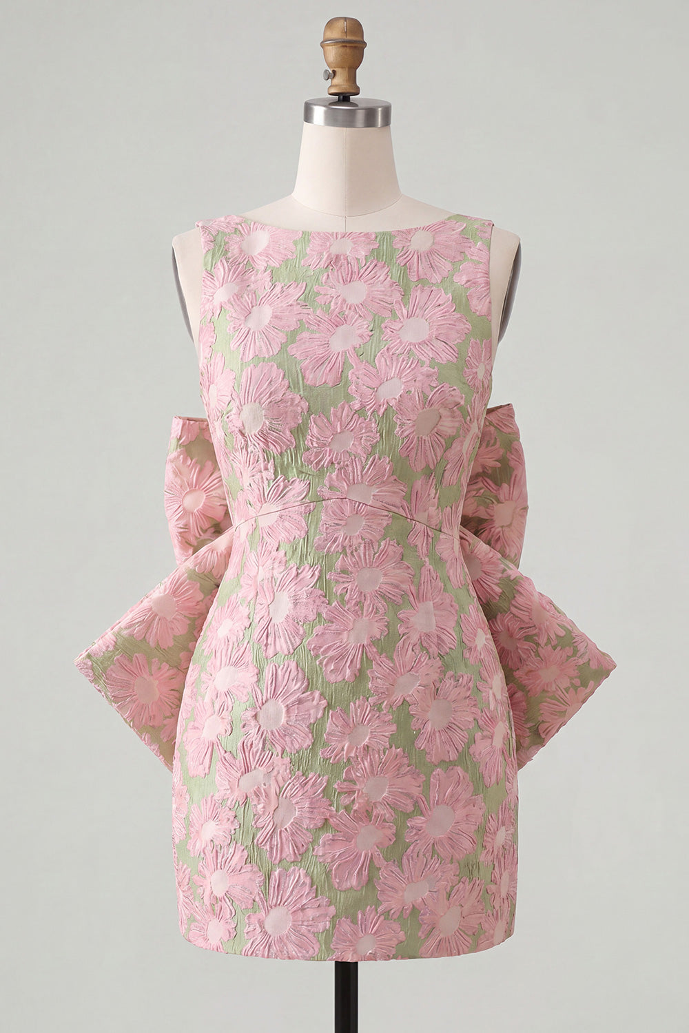 Floral Pink Green Tight Boat Neck Short Homecoming Dress with Bow