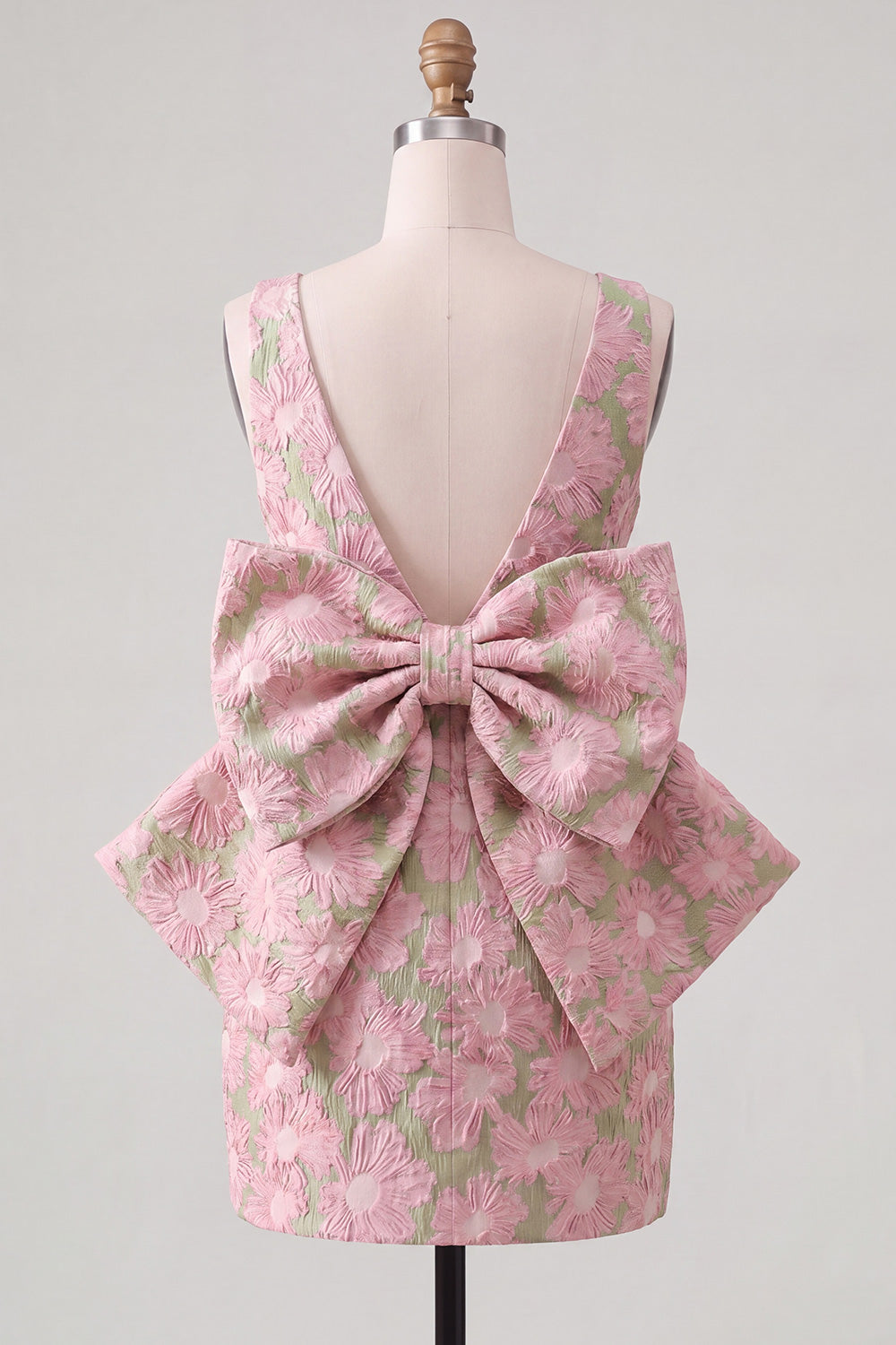 Floral Pink Green Tight Boat Neck Short Homecoming Dress with Bow