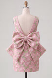 Floral Pink Green Tight Boat Neck Short Homecoming Dress with Bow