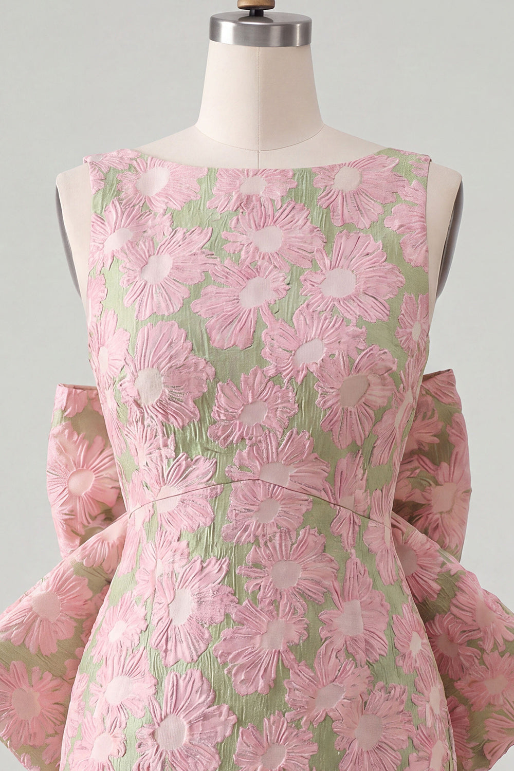 Floral Pink Green Tight Boat Neck Short Homecoming Dress with Bow