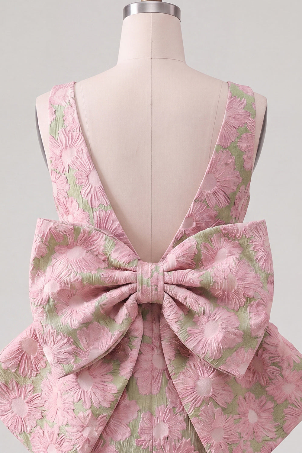 Floral Pink Green Tight Boat Neck Short Homecoming Dress with Bow
