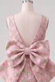 Floral Pink Green Tight Boat Neck Short Homecoming Dress with Bow
