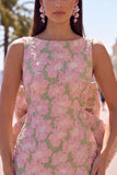 Floral Pink Green Tight Boat Neck Short Homecoming Dress with Bow