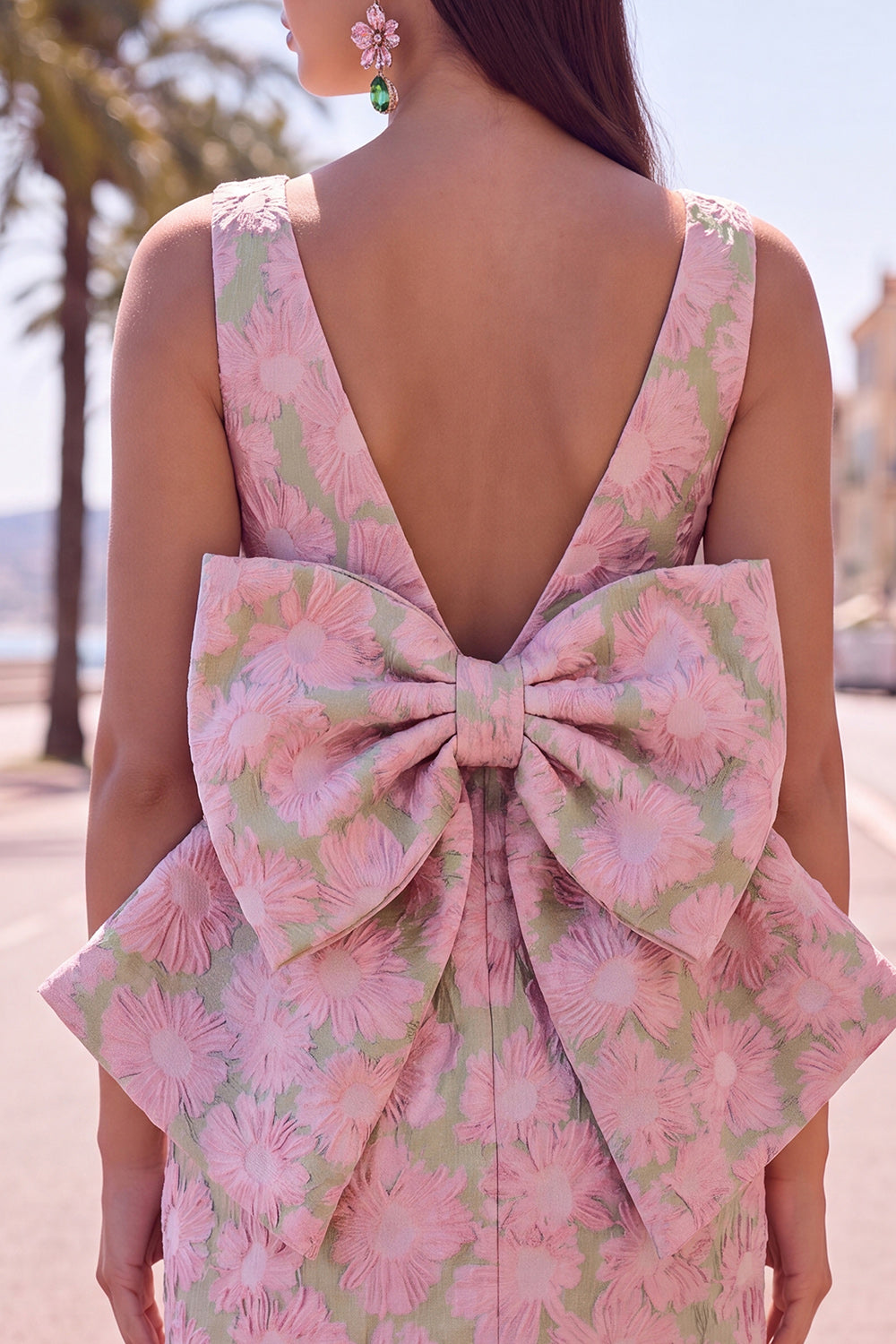 Floral Pink Green Tight Boat Neck Short Homecoming Dress with Bow