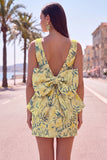 Floral Pink Green Tight Boat Neck Short Homecoming Dress with Bow