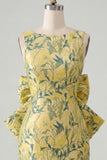 Floral Pink Green Tight Boat Neck Short Homecoming Dress with Bow