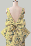 Floral Pink Green Tight Boat Neck Short Homecoming Dress with Bow