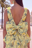 Floral Pink Green Tight Boat Neck Short Homecoming Dress with Bow