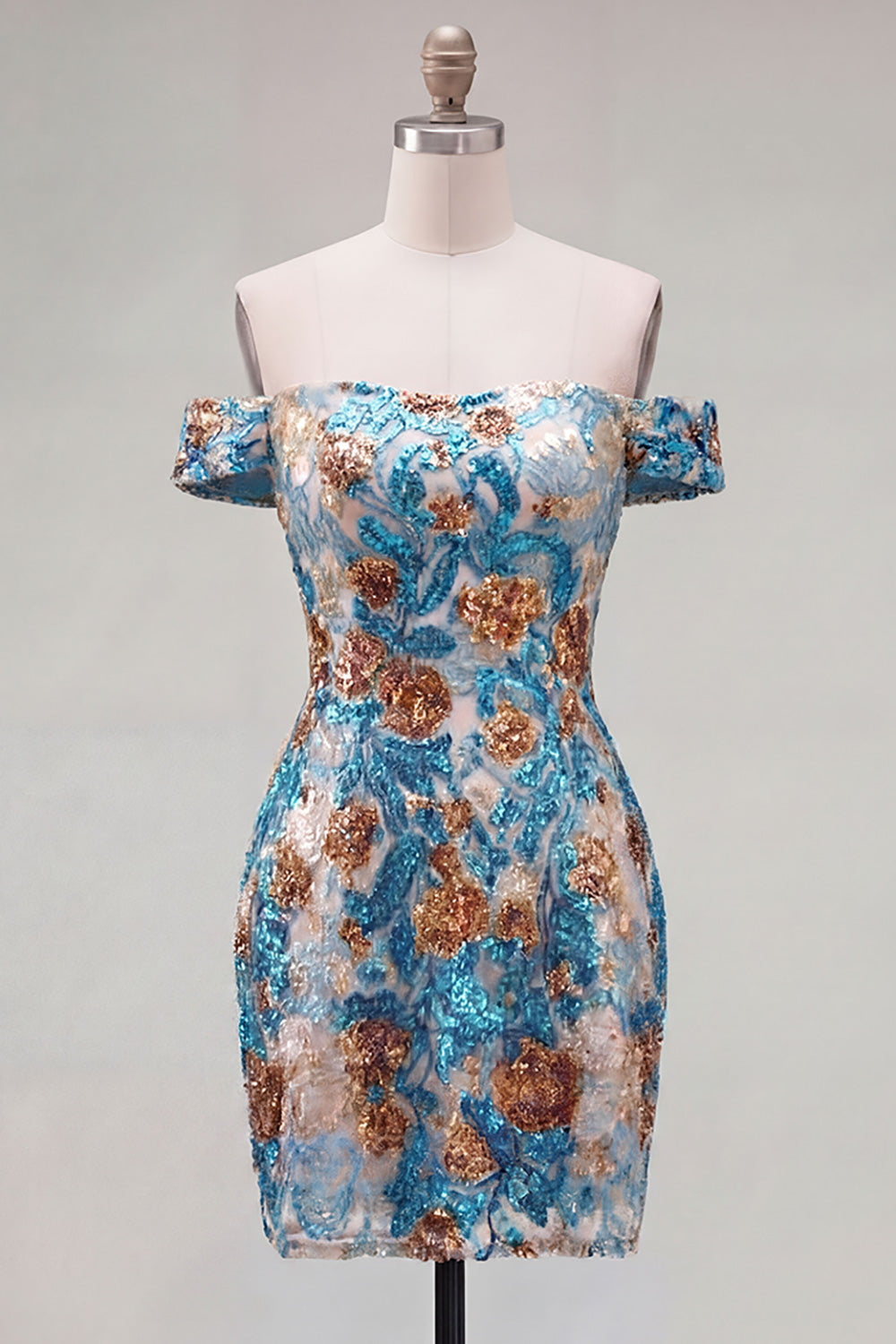 Blue Floral Sequin Tight Off the Shoulder Short Homecoming Dress