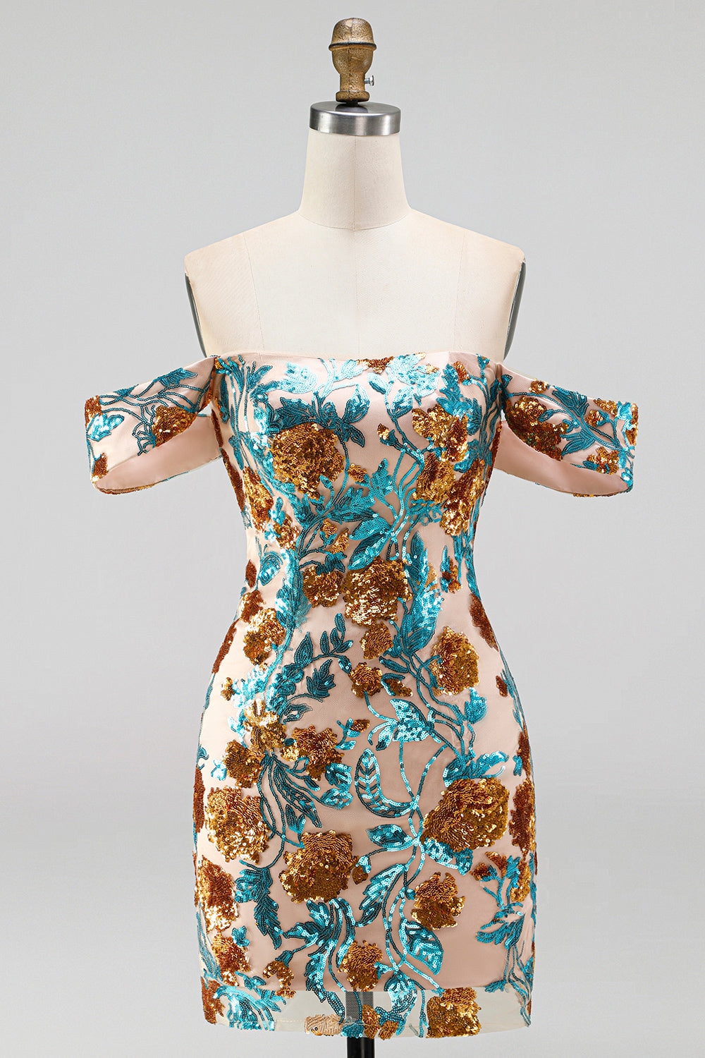Blue Floral Sequin Tight Off the Shoulder Short Homecoming Dress