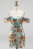 Blue Floral Sequin Tight Off the Shoulder Short Homecoming Dress