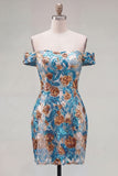 Blue Floral Sequin Tight Off the Shoulder Short Homecoming Dress