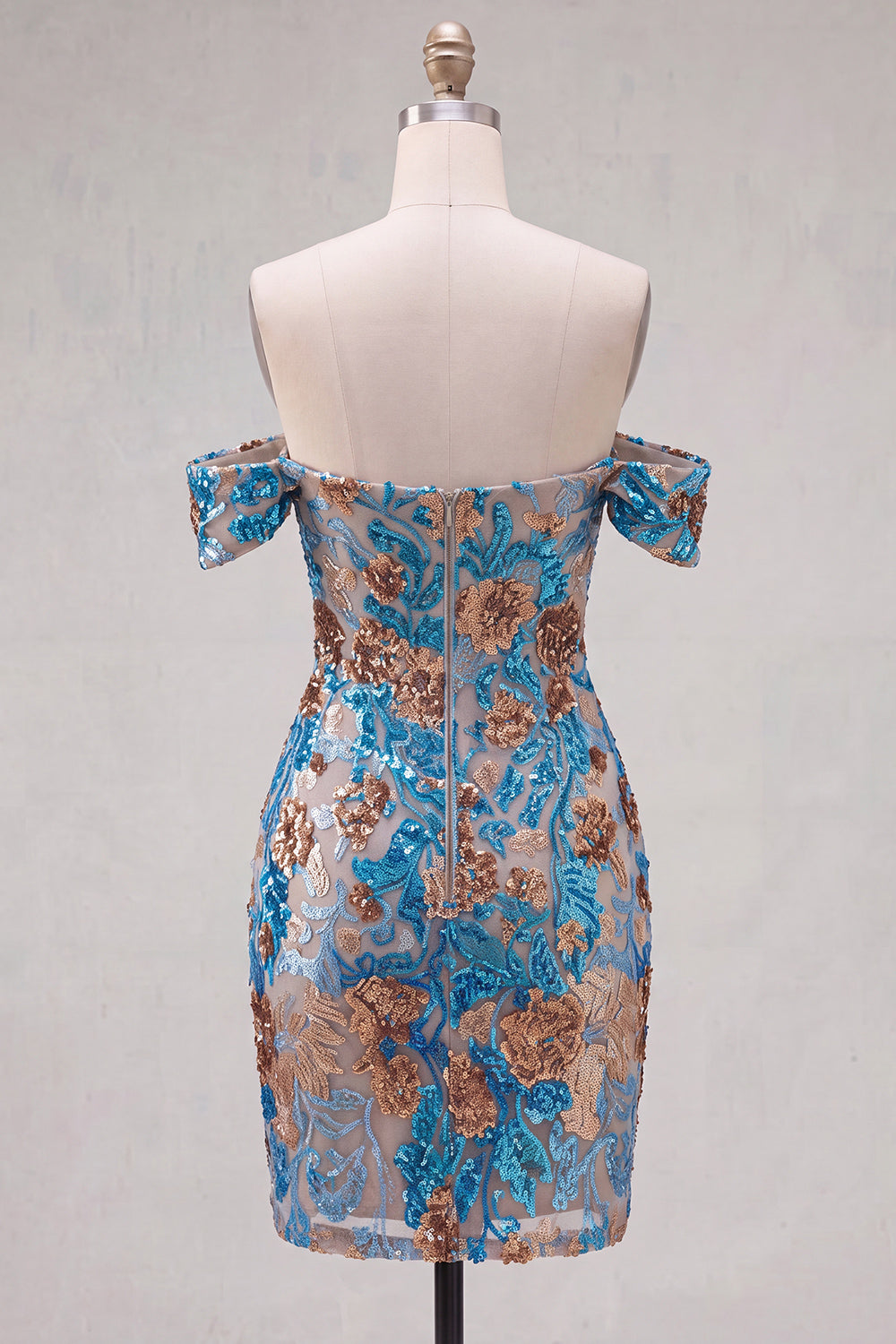 Blue Floral Sequin Tight Off the Shoulder Short Homecoming Dress