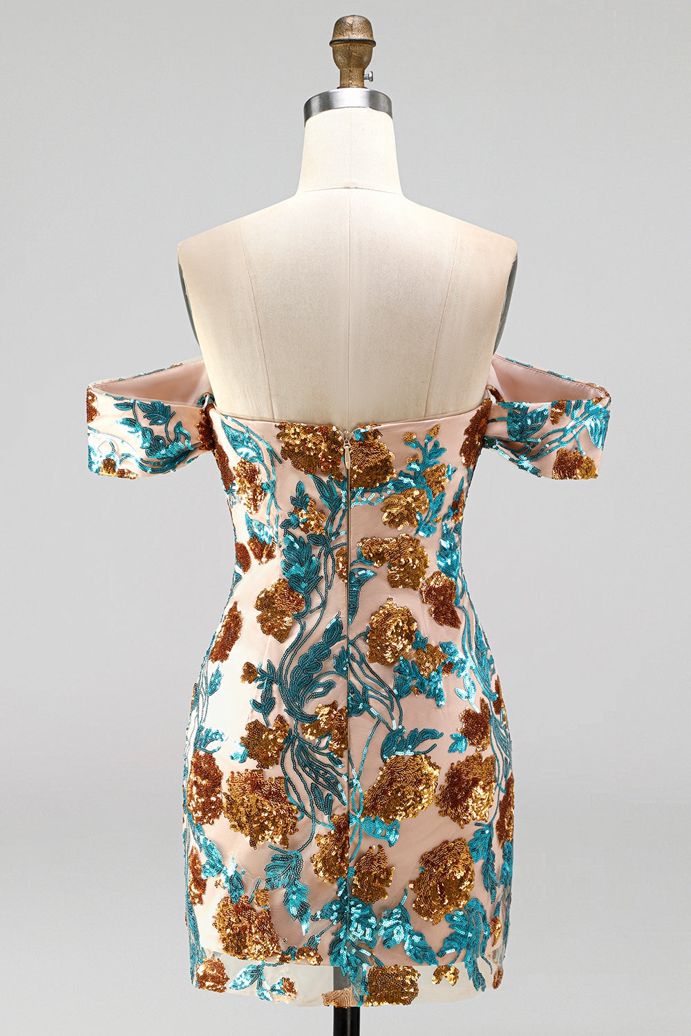 Blue Floral Sequin Tight Off the Shoulder Short Homecoming Dress